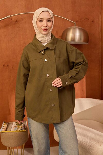 İmajButik Χακί τζιν μπουφάν με γιακά και κουμπιά, σε oversized γραμμή