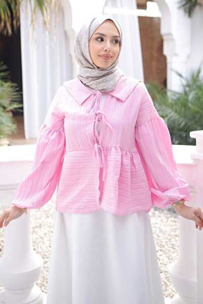 İmajButik Pembe Kol Lastikli Ön Bağlamalı Gömlek