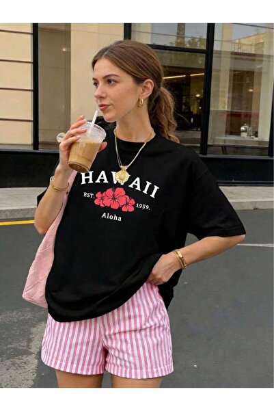 LOUİSA Γυναικείο μαύρο μπλουζάκι με στάμπα Aloha της Χαβάης-Ριγέ ροζ-λευκό σο...