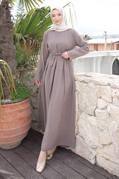 İmajButik Φόρεμα από ύφασμα μοντάλ με πλισέ μπροστινή φούστα σε χρώμα βιζόν κ...