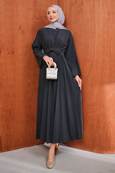 İmajButik Ανθρακί φόρεμα με δέσιμο στη μέση και πιέτες