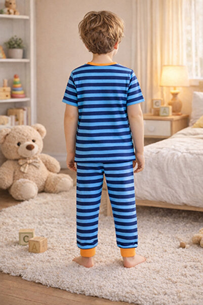 koza iç giyim Erkek Çocuk Pamuklu Çizgili Baskılı Kısa Kollu Uzun Alt Pijama Takımı