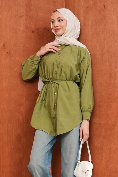 İmajButik Khaki Buttoned Modal Shirt with Rope Ties