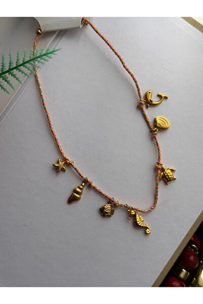 elin Kadın Renkli Örgü İpli Deniz Dünyası Charm Kolye - Gold Deniz Yıldızı ve...