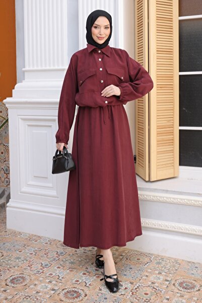 İmajButik Σετ μπουφάν και φούστα σε χρώμα μπορντό με ασύμμετρο μανίκι νυχτερί...