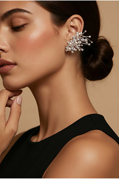 shinora.jewelry İnci ve Zirkon Taşlı Tasarım Küpe – Silver Şık Kadın Küpe