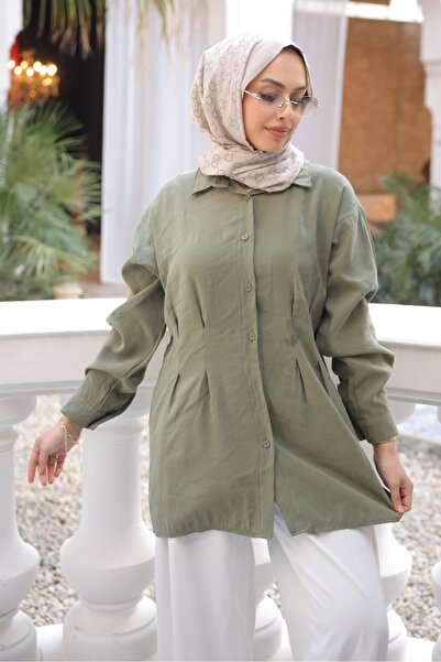 İmajButik Khaki Modal Woven Shirt with Front Pleated Detail