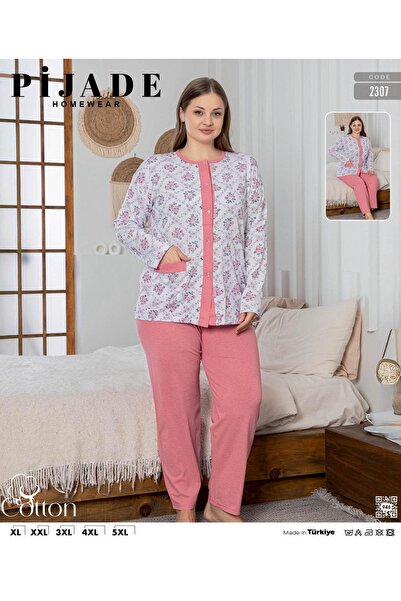 PİJADE HOMEWEAR Plus Size Cotton Pocketed Floral Front Buttoned Pajama Set