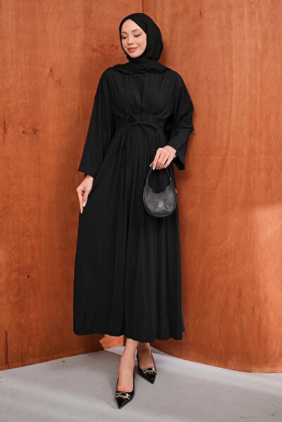 İmajButik Μαύρο φόρεμα με πλισέ με κορδόνι στη μέση