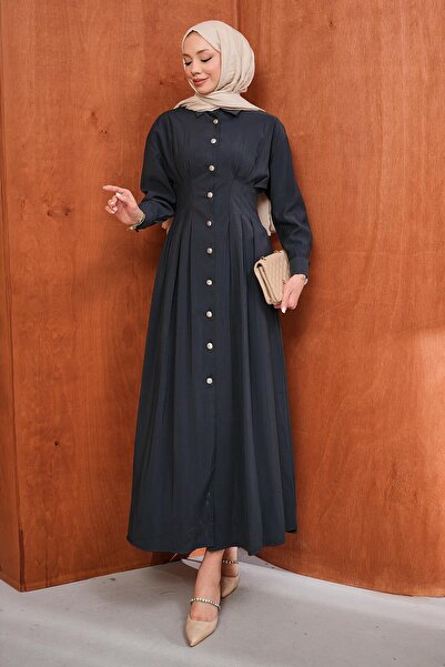 İmajButik Φόρεμα με πιέτες και κουμπιά από ανθρακί ύφασμα