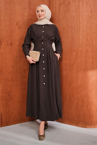 İmajButik Καφέ φόρεμα με πιέτες και κουμπιά