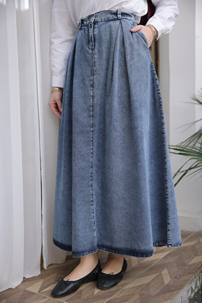 İmajButik Μπλε πλισέ τζιν φούστα