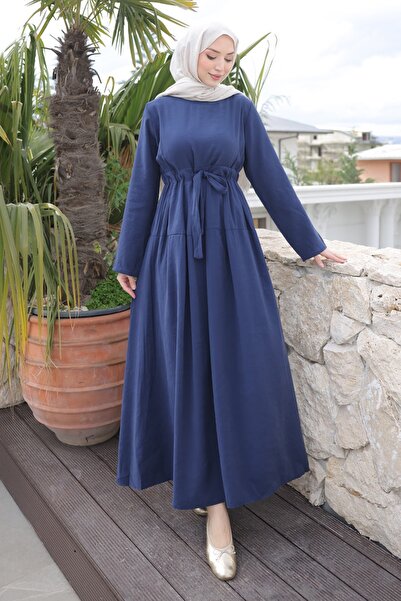 İmajButik Μπλε ναυτικό φόρεμα με πλισέ μπροστινή φούστα και δεμένη στη μέση υ...