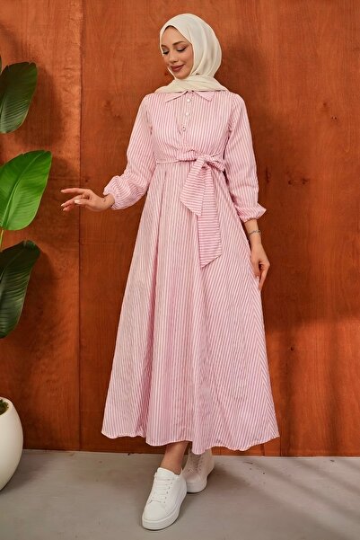 İmajButik Ροζ ριγέ φόρεμα με κουμπιά στο λαιμό και δέσιμο στο πλάι