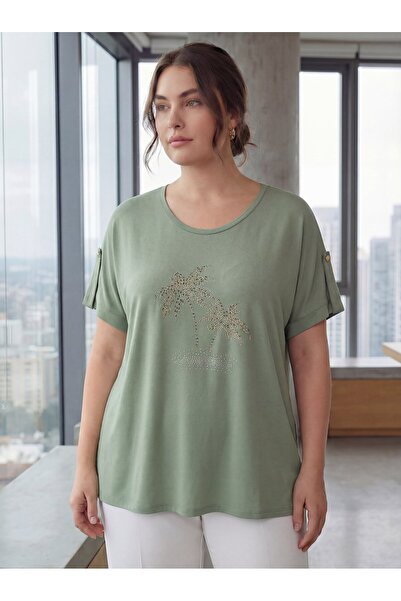 RMG Stone Printed Large Size T-Shirt with Sleeve Detail in Green