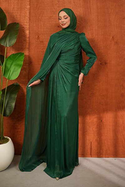 İmajButik Σμαραγδί Πράσινο Βραδινό Φόρεμα με Σούρες στο Μπροστινό Μέρος