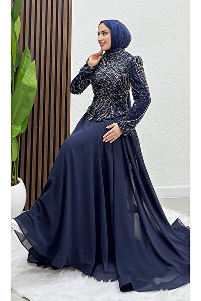 Birce Tulle Embroidered Evening Dress Navy Blue