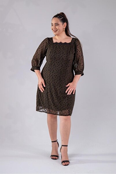 Roxxlen Γυναικείο Φόρεμα Σιφόν με Πομπόν σε Μεγάλο Μέγεθος Μαύρο-Κίτρινο