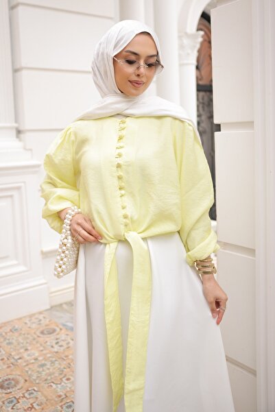 İmajButik Sarı Bel Bağlamalı Düğmeli Gömlek