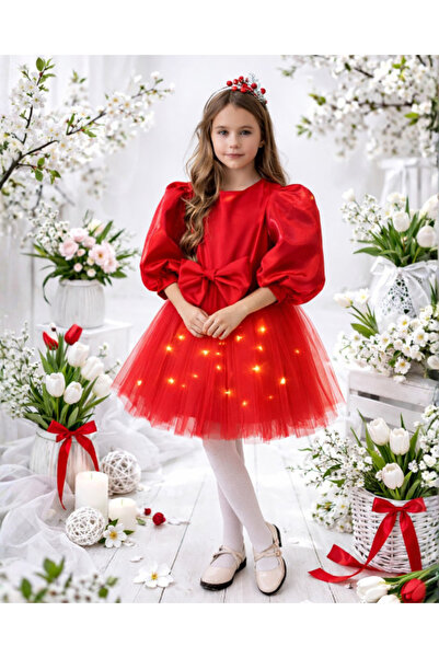 fustite cu luminite Rochie roșie cu lumini și fundă pentru primăvară - 10-12 ani (140-152 cm)