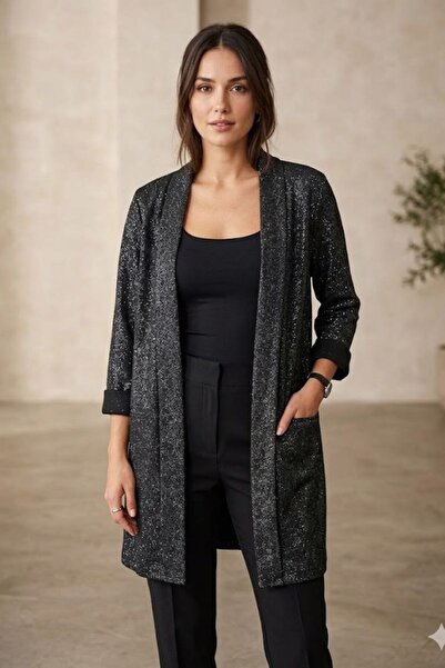 MODA Simli Siyah Şık Hırka / Kimono Ceket