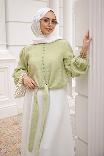İmajButik قميص أخضر بأزرار وربطة خصر