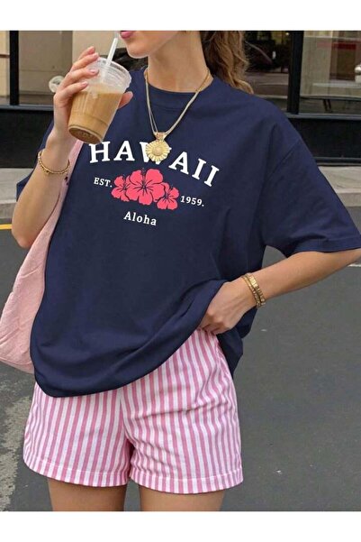 LOUİSA Γυναικείο μπλουζάκι με στάμπα Aloha Hawaii σε μπλε ναυτικό χρώμα-ριγέ ...