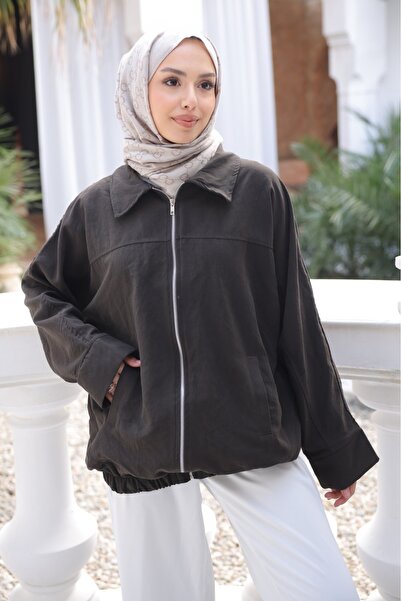 İmajButik Καφέ μπουφάν με τσέπες με φερμουάρ και ελαστική μέση