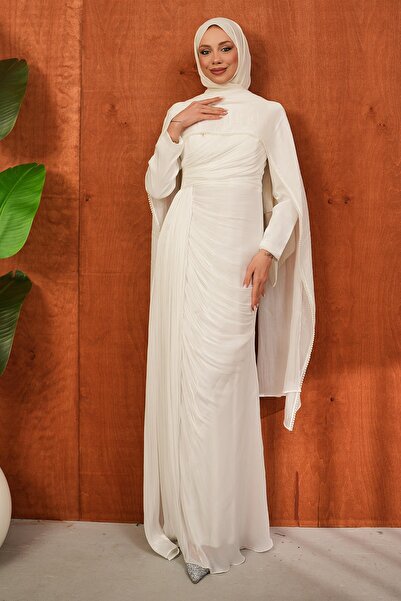 İmajButik Ecru Pearl Cape Front Gathered Evening Dress