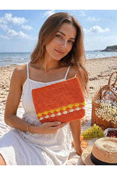 Enie Γυναικείο πορτοκαλί ψάθινο πλεκτό χειροποίητο τσαντάκι-χωρίς επένδυση