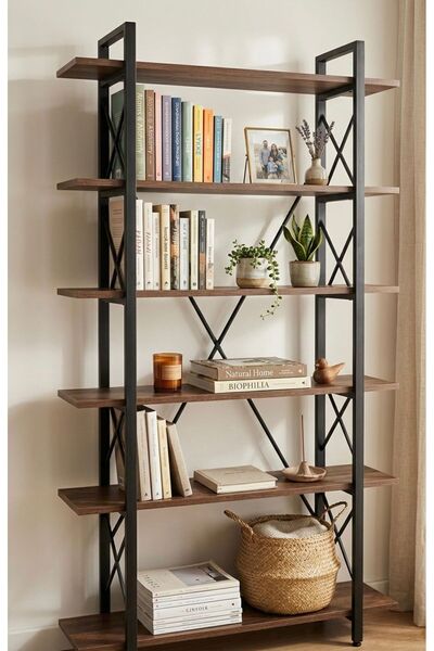 UYKULA Modern 5 Raflı Metal Kitaplık - 180 cm Ceviz Raflı Dekoratif Çelik Göv...