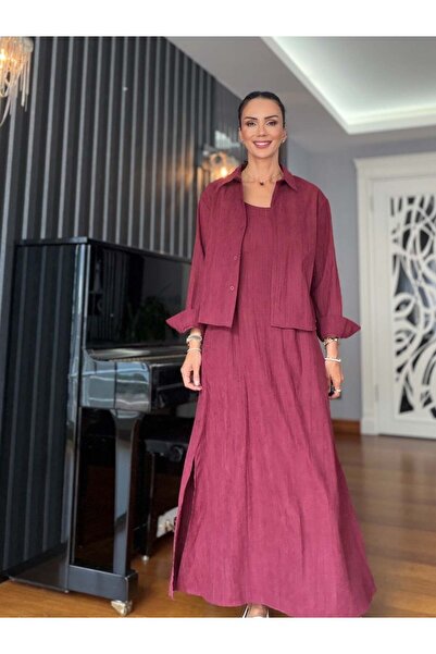 Atelier Derin Burgundy Strap Dress Shirt Set