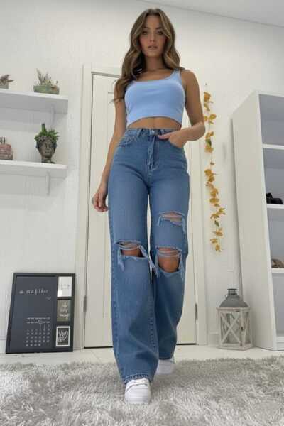 NWC Aşk 90`s Lycra Casual Γυναικείο Μεσαίο Μπλε Παντελόνι Τζιν Palazzo με 3 σ...