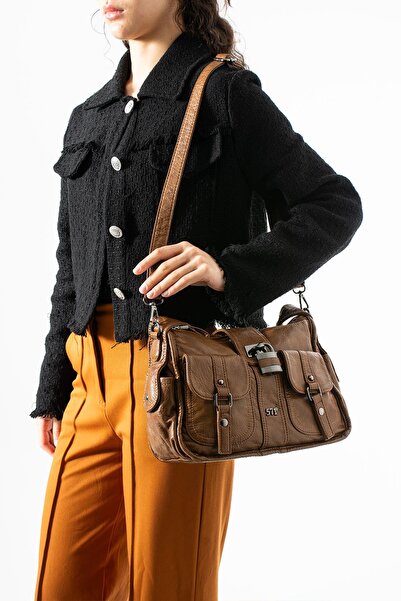 571 Collections Çanta Πλυμένη δερμάτινη τσάντα ώμου καφέ χρώματος - Με αξεσου...