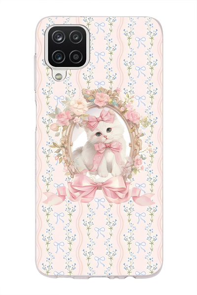 FLAMENKO Samsung Galaxy A22 / M22 / M32 Compatible Pink Bow Cat Pattern Trans...