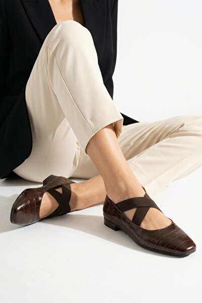 Ayakkabı Delisiyim Καφέ λουστρίνι κροκόδειλου γυναικεία μπαλαρίνα ελαστικά πα...