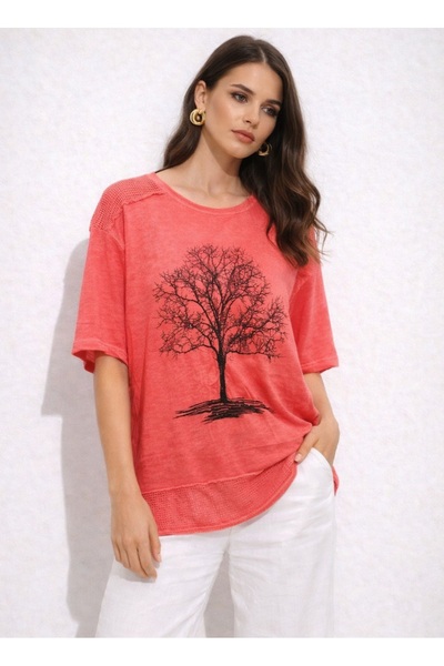 Rosidam Γυναικείο κοντομάνικο μπλουζάκι με στάμπα δέντρου από πέτρες