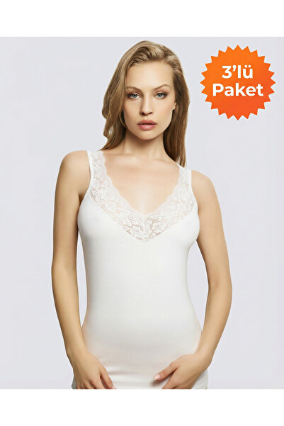 Cansu İç Giyim Women's Lace Detailed Thick Strap Cotton Athlete Bodysuit 3-Pa...