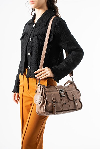 571 Collections Çanta Πλυμένη δερμάτινη τσάντα ώμου βιζόν - Με αξεσουάρ κλειδ...