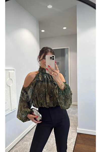Selin Damla Kadın Haki Halter Yaka Desenli Şifon Omuz Dekolteli Bluz
