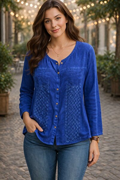 AGORATEKSTİL Women's Washed Cotton Fabric Long Sleeve Mother's Shirt 42/50