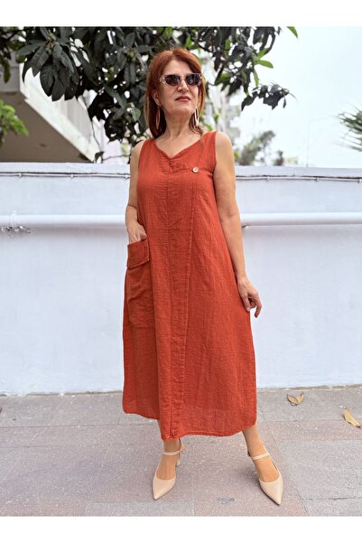 DenizEge Φόρεμα με λινό λουράκι και μεγάλη τσέπη σε χρώμα κανέλας