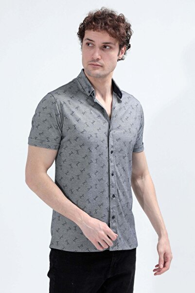 JB John Borners Men's Short Sleeve Buttoned Patterned Shirt Navy Blue - 26Y 2622