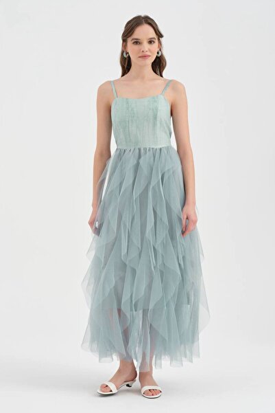 tw3 Women's Skirt Partitions Tulle Detailed Lined Design Dress