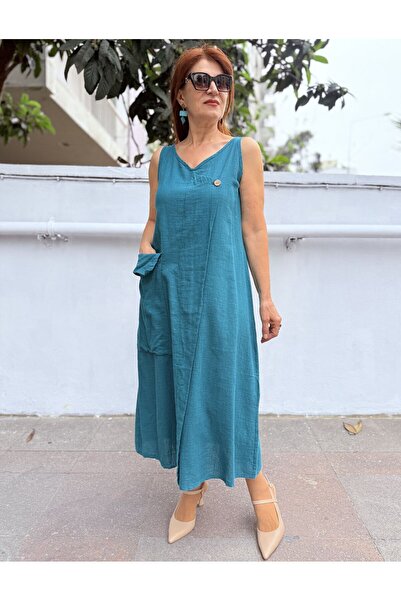 DenizEge Φόρεμα με λινό λουράκι και μεγάλη τσέπη, Μπλε Πετρόλ