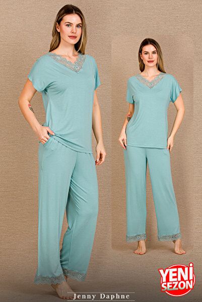 Jenny Daphne Γυναικείο σετ πιτζάμες από βαμβάκι με άνετη εφαρμογή, δαντέλα με...