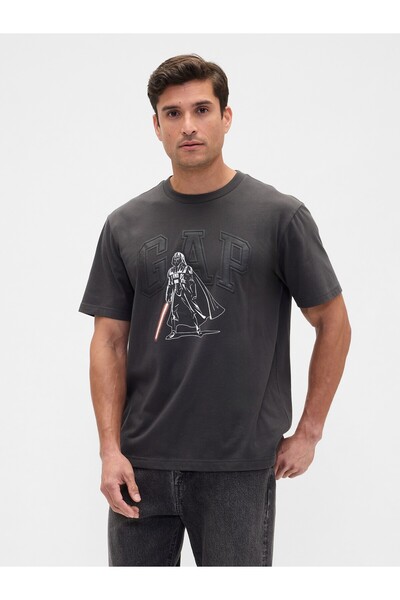 GAP Erkek Koyu Gri Star Wars Darth Wader Grafik Baskılı T-Shirt