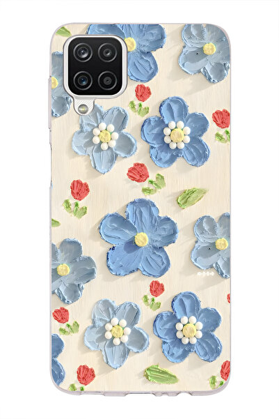 FLAMENKO Samsung Galaxy A22 / M22 / M32 Uyumlu Mavi Yağlı Boya Çiçek Desenli ...