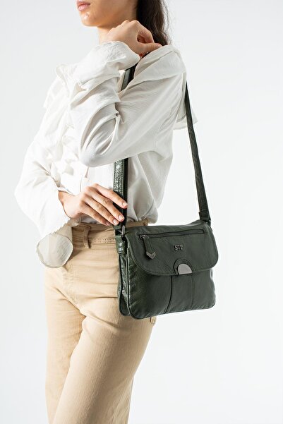 571 Collections Çanta Πλυμένη δερμάτινη τσάντα ώμου χιαστί πράσινη Μοντέλο: (...