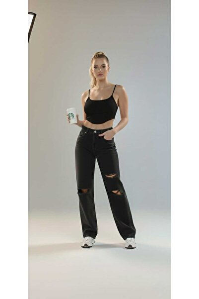 NWC Nova Lycra Loose Women's Black Ripped Super High Waist Wide Leg Palazzo J...